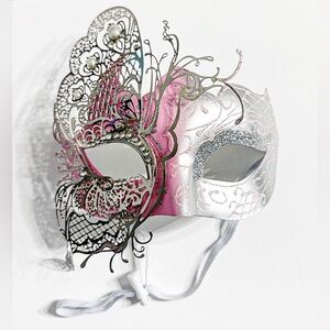 Venetian Masquerade Mask Pink Silver Filigree Rhinestone Mardi Gras
